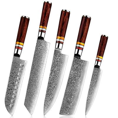 China Wholesale 5 Pcs Disposable Pakka Wood Handle Damascus Knife Set Kitchen Kiritsuke Santoku Nakiri Japanese Chef Knife Set for sale