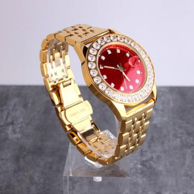 China Hip-hop style day/date watches European and American men's gold-plated steel band full of diamonds Zircon quartz watches for sale