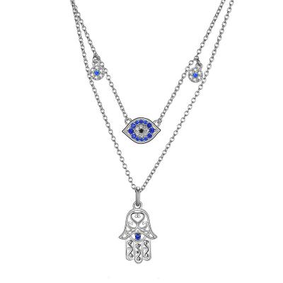 China The Blue Evil Eye Pendant 925 Sterling Silver Jewelry Necklace Kolye 5A Religious Turkish Devil Zircon Charm Fatima Hand Hamsa Necklace for sale