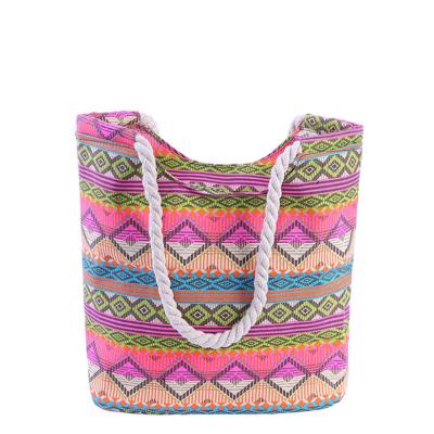 China Fashion High Quality Handled Rope Handle Striped Beach Tote Bag Women Custom Large Color Canvas Shoulder Bag for sale