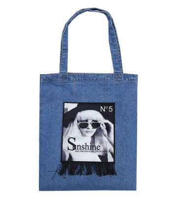 China Wholesale Fashion Large Capacity Women's Denim Shopping Tote Bags With Custom Printed Simple Logo Handled for sale