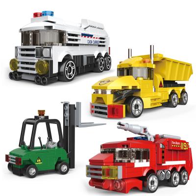 China Safety Pull Back Mini Car Decool Small Model Intelligence Assembly Building Block Boy Fire Truck Racing Model Toy Gift 4PCS/SET for sale