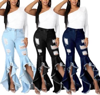 China 2022 Autumn Women Denim Pants Fashion QUICK DRY Irregular Rocket Pants Trend Bottom Distressed Denim Ripped Jeans for sale