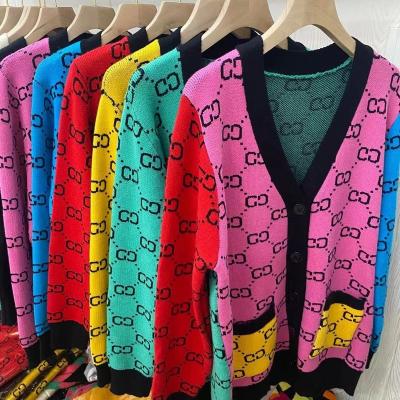 China 2022 Anti-wrinkle fashion ladies rainbow contrast color cardigan sweaters jacket thin casual knitted custom knit sweater for sale