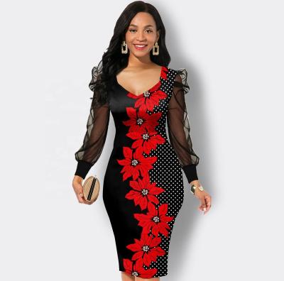 China Casual Korean Modern Dress Mesh Sleeve Floral Print Sheath Anti-Static Dress for sale