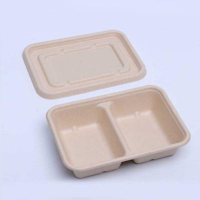 China Disposable Food Container Out of Box Chinese Fast Food Sugar Cane 2 Grid Take Away Lunch Box for sale