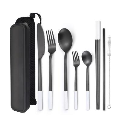 China Best Selling Viable Black And White Camping Cutlery Set With Straw And Brush 304 Stainless Steel Cutlery Gold Travel Set for sale