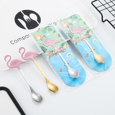 China Viable Creative Food Grade Stainless Steel Flamingo Teaspoon Titanium Plated Stir Hanging Spoon Cup Spoon for sale