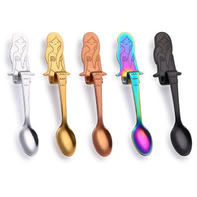 China Sustainable Food Grade 304 Stainless Steel Colorful Mermaid Spoon Metal Teaspoon for sale