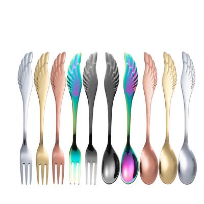 China Viable New Design Angel Wings Spoon Stainless Steel Dessert Coffee Tea Spoon Fork Set Color Spoon Fork for sale