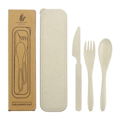 China Sustainable Eco Friendly Portable Wheat Straw Travel Cutlery Set Straw Cutlery Case Set Spoon Fork Knife 3pcs Wheat for sale