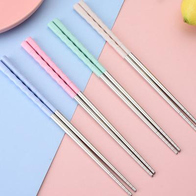 China Food Grade Promotion Viable Gifts Stainless 18/10 Wheat Straw Handle Chopsticks Bulk Home Travel Chopstick Set for sale