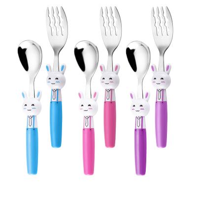 China Stainless Steel Viable Children's Bunny Rabbit Handle Cartoon Fork And Spoon Baby Feeding Tableware Set for sale