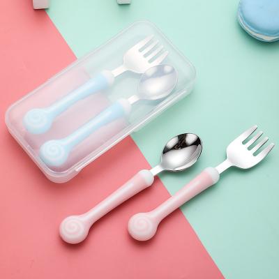 China Stocked High Quality Lollipop Handle Stainless Steel Kids Spoon and Fork Flatware Portable 2pcs Baby Cutlery Set for sale