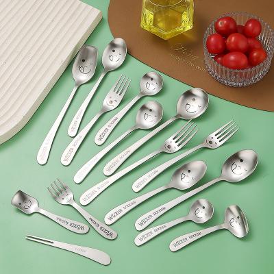 China Matte Smiley Face Spoon Creative Children's Viable Set Baby Food Grade Baby S Spoon Dessert Spoon Fork Set for sale