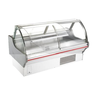 China Glass Deli Meat Display Refrigerator Showcase Double Sided Sliding Curved Cooler Refrigerator for sale