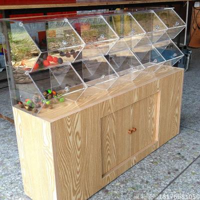 China Easy Assembly Wooden Candy Nuts Display Rack With Acrylic Bins for sale