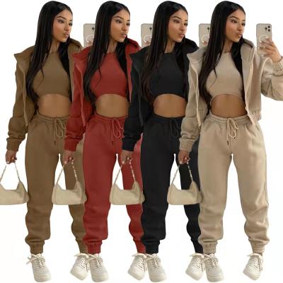 China Sustainable Women Winter Wear Fleece Drawstring Sweatpants Hoodies Jacket With Cotton Jogging Vest Fits 3 Piece Women Tracksuit Set for sale