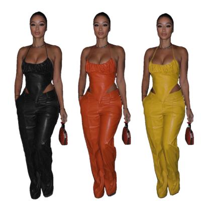 China Anti-pilling Stylish PU Outfits Women Leather Halter Tops Straight Pants Matching 2 Piece Party Leather Panties Two Piece Set Nightclub Wear Set for sale