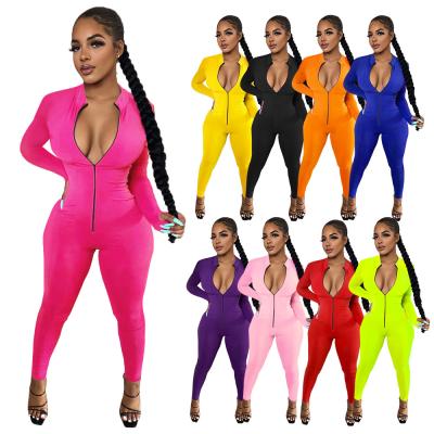 China QUICK DRY Autumn Women's Fashion One Piece Bodycon Zipper Overalls Party Neon Sportswear and Club Color Rompers Plus Size Overalls for sale