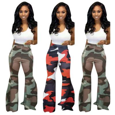 China 2019 Breathable Ladies Bell Bottom Pants Camouflage Print High Waist Women Long Pants Washed Rocket Pants for sale