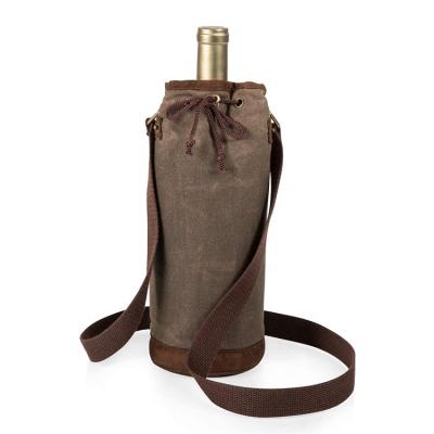 China Custom High Quality Stylish Waterproof Travel Cooler Waxed Canvas Cotton Wine Tote Bottle Gift Bag With Drawstring End for sale