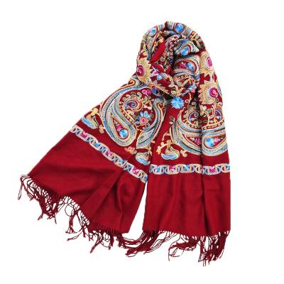 China New Design Winter Cashmere Embroidery Cashew Cashmere Acrylic Flower Scarf Acrylic Thick Warm Tassel Shawl for sale