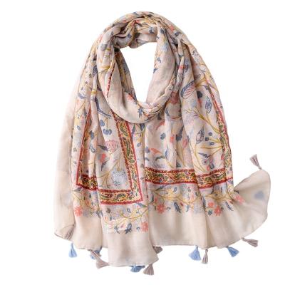 China Wholesale Floral Printing Beige Sunscreen Polyester Long Fashion Tassel Scarf Shawl for sale