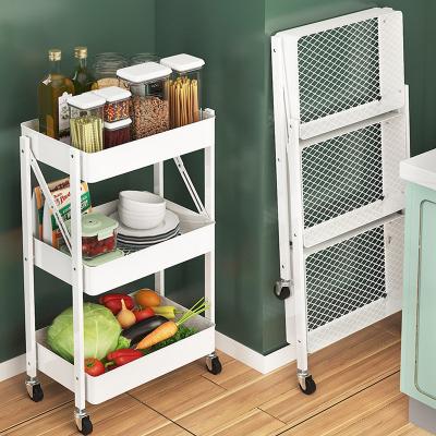 China 3 Tier Metal Storage Cart Viable Hair Salon Trolley Organizer Cart Foldable Kitchen Plant Rack Trolley Storage Basket Shelf for sale