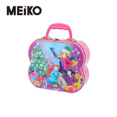 China Recyclable Kid Handbag Flower Shape Box Lunch Cosmetic Tin Box With Plastic Handle for sale