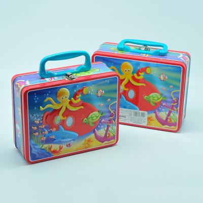 China Recyclable Tin Box Custom Metal Suitcase With Key Lunch Tin Box With Handle for sale