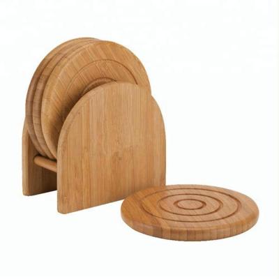 China Sustainable Wholesale Round Bamboo Drink Coaster Set Wholesale 6 Pieces Wooden Trivet&Coaster Bamboo Rack for sale