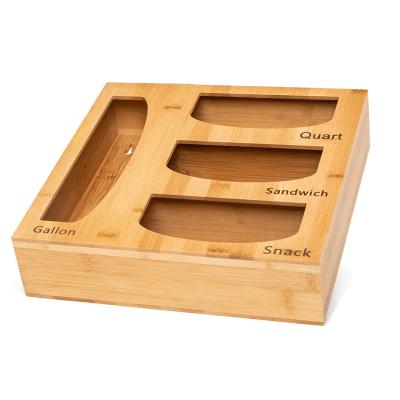 China Viable Natural Kitchen Storage Bag Drawer Wooden Bamboo Ziplock Organizer And Dispenser For Quart Gallon Sandwich And Snacks for sale