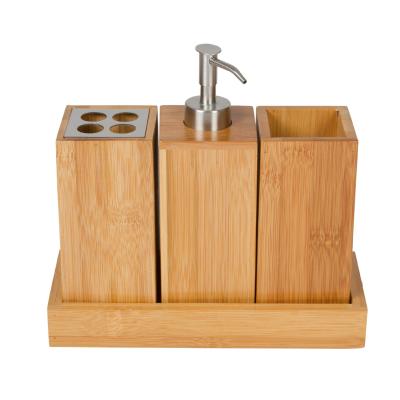 China Sustainable Bath Caddy Set Bamboo Bath Accessories Set With Toothbrush Holder And Bamboo Soap Dispenser for sale