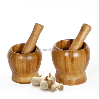 China Sustainable Set of Household 2 Natural Garlic Pepper Spice Pounder Mortar and Pestle Press Fruit Bamboo Crusher for sale