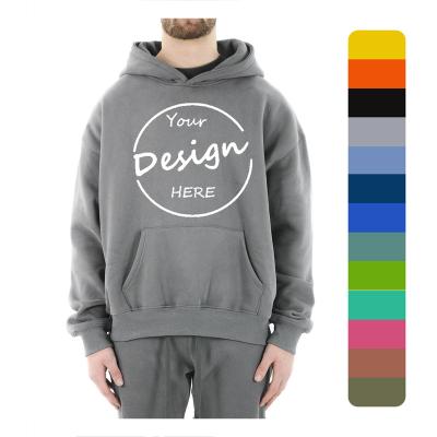 China Anti-pilling OEM Men's custom embroidered logo streetwear plain heavy weight cotton fleece hoodie with no string for sale