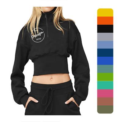 China Breathable OEM Custom Logo High Quality Thick Cotton Oversize Fleece Gym Sports Top High Quality Half Zip Women Crop Pullover Sweatshirt for sale