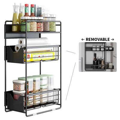 China 3 Tier Metal Slide Shelf Sustainable Magnetic Fridge Spice Rack Storage Organizer Shelf For Kitchen for sale