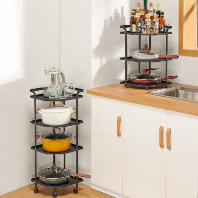 China Good Helper Multi Layer Corner Shelf Carbon Steel Kitchen Rack Pot Rack Area Kitchen Wares Stored Shelf With Wheels for sale