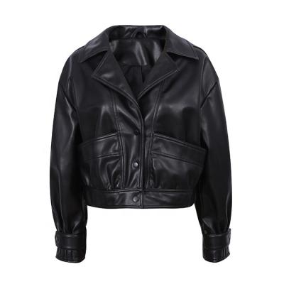 China Autumn New Arrival Waterproof Turn Down Collar Fashion Recycle Scratch Short Women PU Leather Jacket Women Black for sale