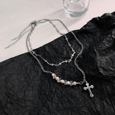 China Stainless Steel Layered Charm Chain Link Chain Multi Layered Stainless Steel Necklace Pearl Cross Pendant Jewelry Accessories For Women for sale