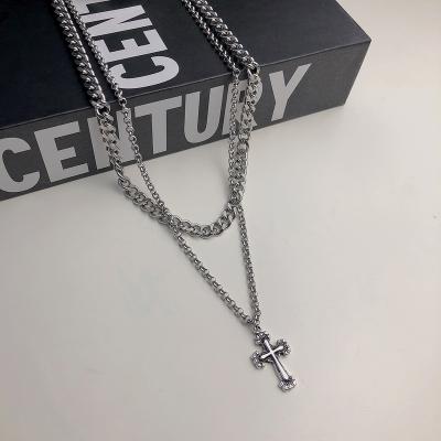 China Hip Hop Layered Stainless Steel Necklace Accessories Lead Free Nickel Free Cuban Chain Multi Cross Pendant Women for sale