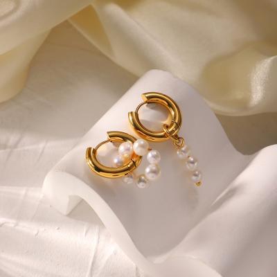 China Fashion Nickel Free Lead Free Jewelry Cuban Gold Plated Shell Pearl Hoop Stainless Steel Earrings Freshwater Accessories For Women for sale