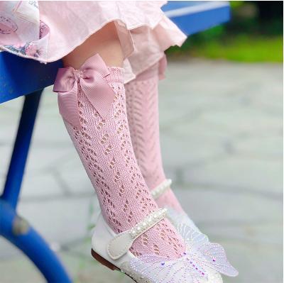 China Princess Lovely Girl QUICK DRY Pink High Hollow Bow Mesh Net Socks Ruffle Knee Kids Girl Baby Socks for sale