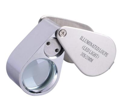 China Full Metal 30X Glass Illuminated Jewelry Loop Magnifier, Pocket Folding Loupe Jewelers Loupe with LED Light for sale