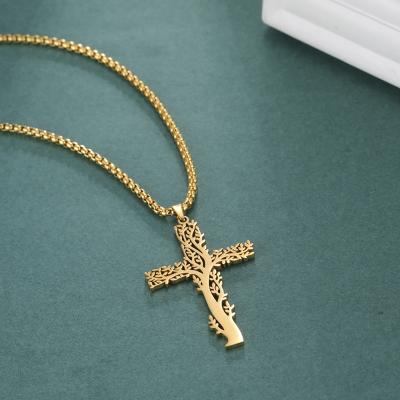 China Vintage Stainless Steel Trendy Religious Gold Plated Charm Necklace Jewelry Viking Tree Of Life Cross Necklace For Men for sale