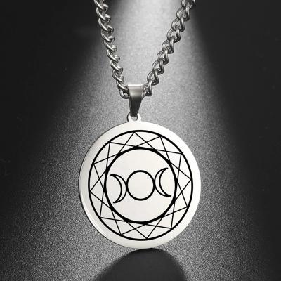 China Religious Men Viking Triple Moon Goddess Necklace Black Stainless Steel Laser Printed Jewelry Wicca Pendant Necklace 18K Gold Plated for sale