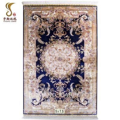 China New Fashion 5x7.5 ft Luxury Blue Persian Color Floral Design Anti-Slip Hand Knotted Silk Blankets for sale