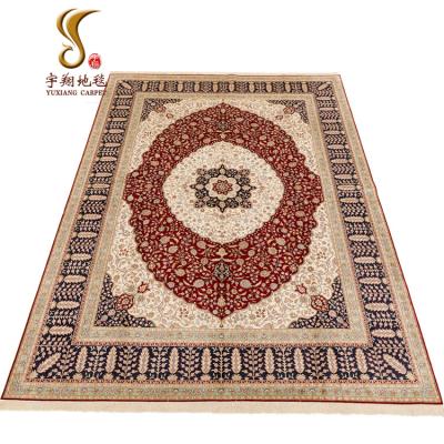 China Large CLASSIC Yuxiang 9*12ft beige and red home decoration handmade silk blanket silk Persian rug for sale for sale