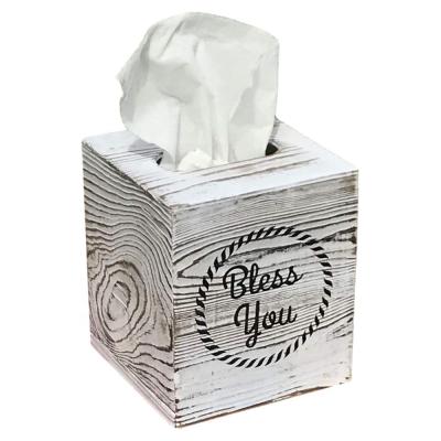 China Handmade Rustic Farmhouse Tissue Box Lid includes the words Bless You on the front and back of the barn wood box for sale